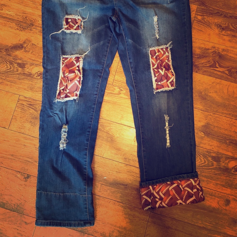 L&B Football Patch distressed crop blue jeans
